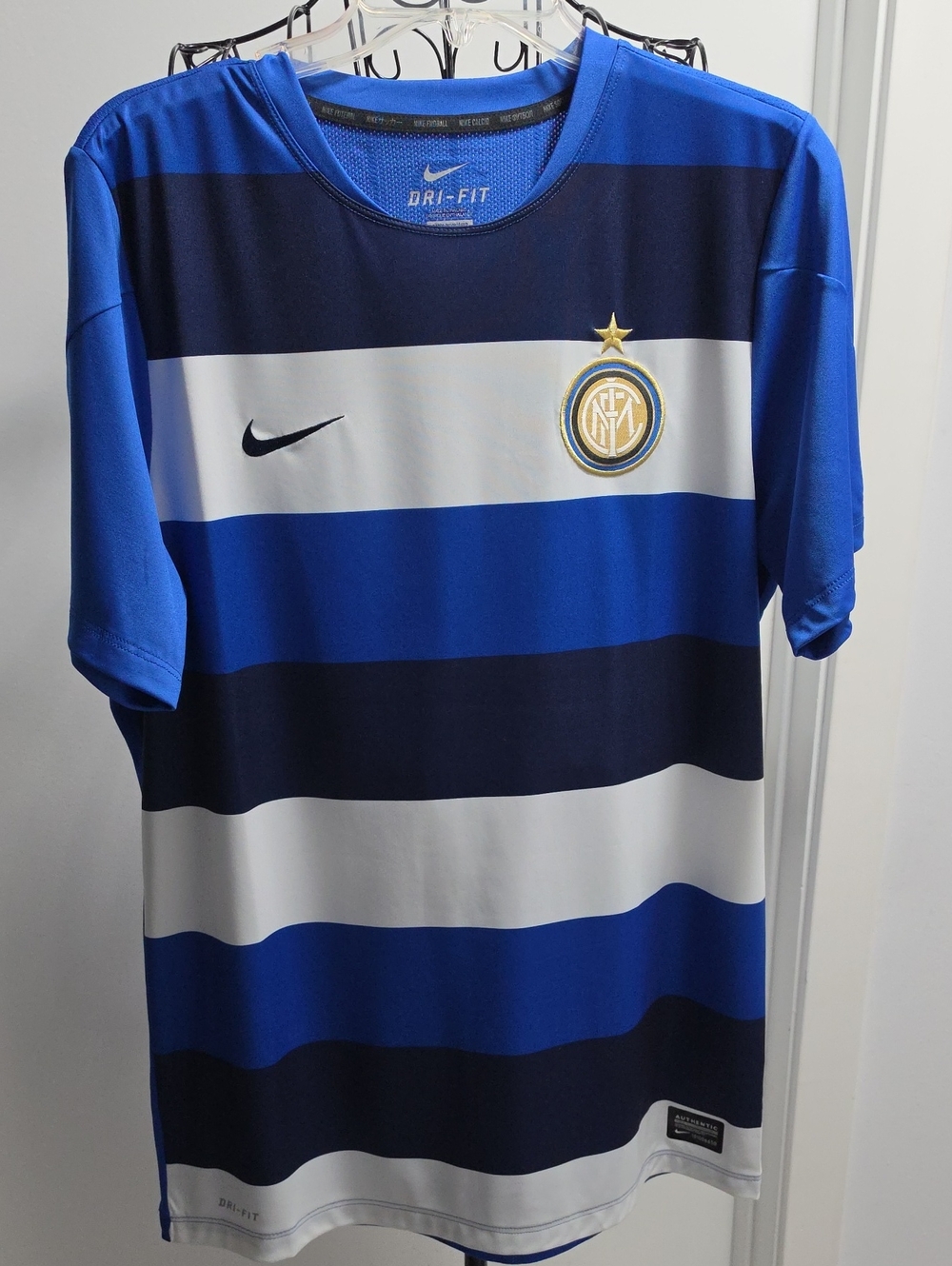 Nike Men's Blue White Black Striped Soccer Jersey - Inter Milan Crest